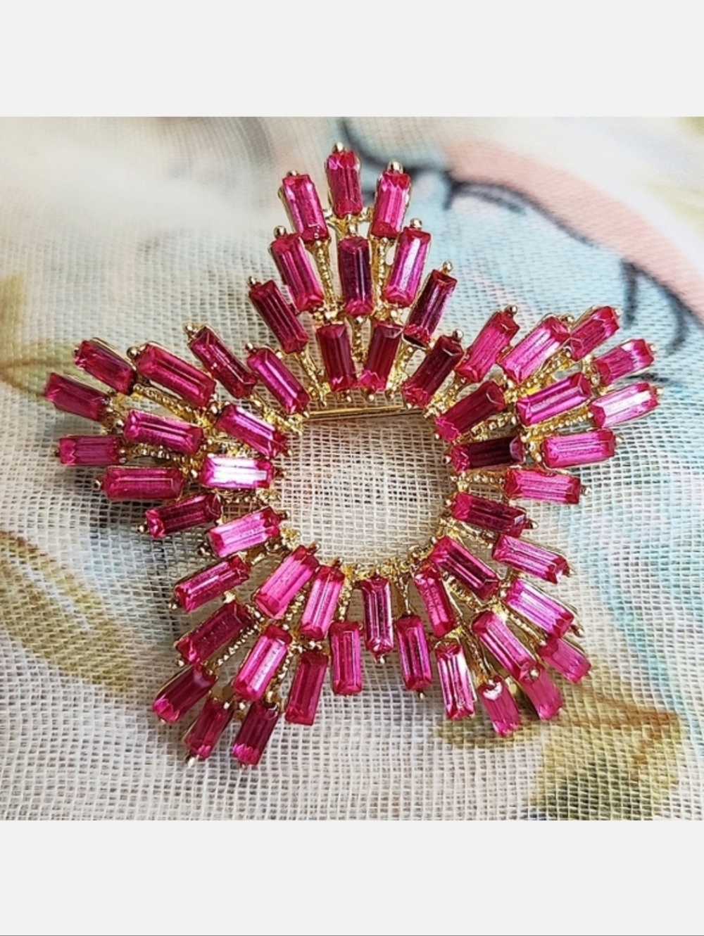 Hot Pink Gold Tone Contemporary Signed Unisex Baguette Rhinestone Brooch Pendant